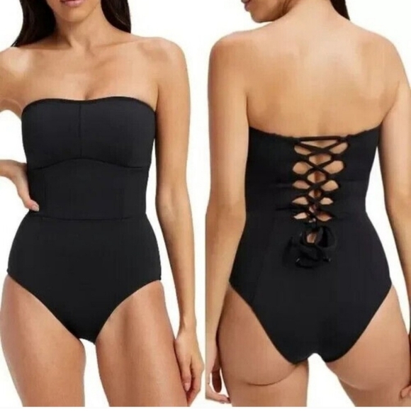Good American Womens Black Lace-Up Strapless One-Piece Swimsuit Size 3 (Large) - Picture 1 of 6